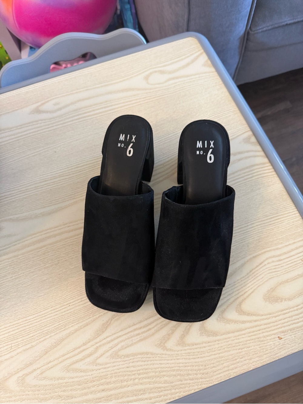Black Suede Open Toe Block Heel Mules 8 1/2